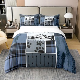 Adventure 100% Cotton Duvet Cover King Size 3 Pcs Wild Animal Paw Print Decor Bedding Set for Kids Teens Adults Blue Plaid Jungle Trees Mountain Farmhouse Comforter Cover with 2 Pillowcases