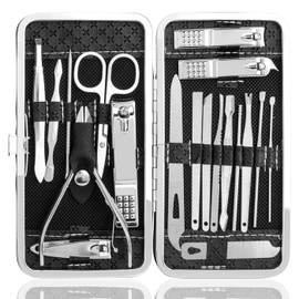 Treki Manicure Set for Women & Men 19 Pcs Nail Clippers Set Manicure Kit Stainless Steel Nail Grooming Kit Gift for Men, Women, Friends, and Parents (Black Leather Box)