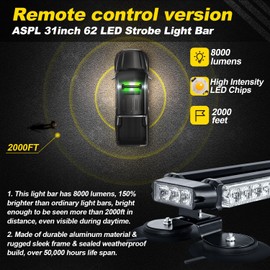 ASPL 31" 62 LED Strobe Light Bar with Remote Control Double Side Flashing Emergency Warning Flash Strobe Light with 28 Strong Magnets for Safety Construction Vehicles Tow Trucks Pickup (G/W/G)