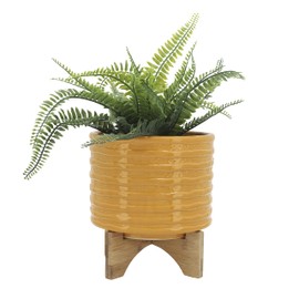 Sagebook Home 8" Planter on Stand - Ceramic Planter on Wooden Base - Contemporary Textured Mustard Yellow Indoor or Outdoor Plant Stand Decor