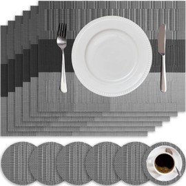 HEYOMART Placemats and Coasters Sets of 6, PVC Vinyl Table Mats Non-Slip Heat Resistant Washable Dinner Mats Place Mats for Kitchen Dining Table Home Restaurant, Grey & Black