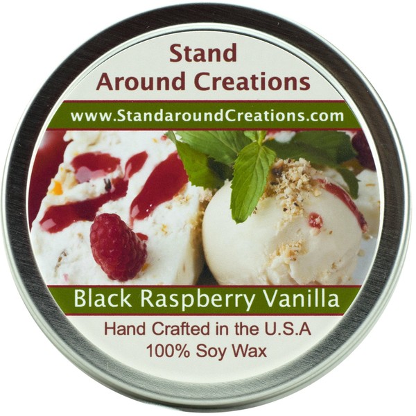 Premium 100% All Natural Soy Wax Aromatherapy Candle - 4oz Tin - Scent: Black Raspberry Vanilla: is an enticing blend of blackberries and raspberries, with middle notes of white floral greenery, and bottom notes of musk and vanilla.