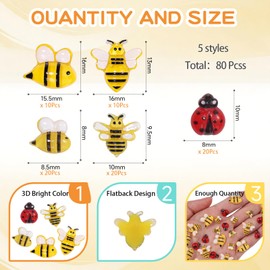 80 Pcs Resin Bee for Crafting, Flatback Resin Ladybird Bumble Bees Honey Tiny Bee Decoration for DIY Wreath Embellishments and Bees Themed Party Supplies