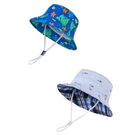 LANGZHEN Sombrero de protección solar para niños pequeños y niñas de ala ancha de verano sombrero de algodón con correa de barbilla, Ballena+Pez Azul, 1-2 Años