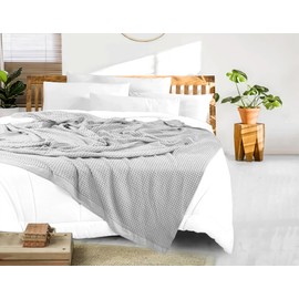 Tex Trend 100% Cotton Blanket King Size for Bed - Waffle Weave Fall Blanket, Lightweight and Breathable Soft Woven Blanket for All Season, Light Grey, 108x90 Inches