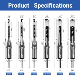 HARDWIN 6-Piece Premium Square Hole Drill Bit Set for Woodworking, Heavy Duty Bearing Steel, Ideal for Hardwood, Oak, Mahogany, Fir & More, Compatible with Mortise