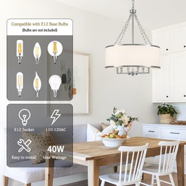 QMNHAU 20'' Modern Drum Chandelier for Dining Room, 6-Light Brushed Nickel Chandeliers with White Fabric Shade Large Round Pendant Light Fixture for Kitchen Island Living Room Bedroom
