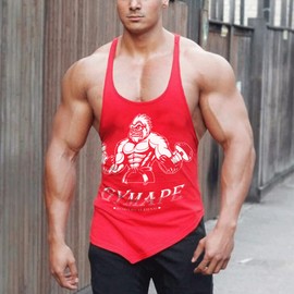 Men's Y-Back Bodybuilding Workout Stringer Tank Tops Muscle Sleeveless T Shirts with Incline Hem Color Red Size XL