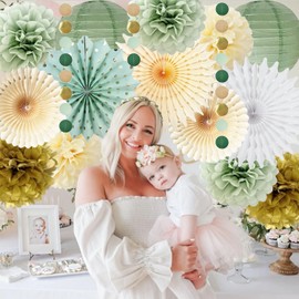 Sage Green Party Decorations Sage Green Cream Gold Tissue Paper Pom Poms Paper Fan Olive Sage Gold Circle Dots Garland for Sage Birthday Baby Shower Engagement Bridal Shower Wedding Party