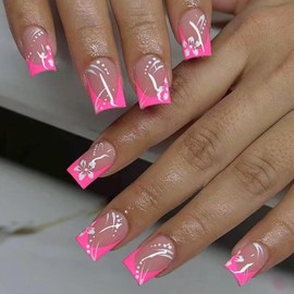 MISUD Short Press on Nails Square Fake Nails Glossy Glue on Nails Hot Pink French Tip Acrylic Nail Supplies Squoval Artificial Nail Art Summer Flower Stick on False Nails with Design DIY 24 pcs