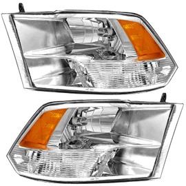 for 2014 Ram 1500 Headlight Assembly Compatible with 2009 2010 2011 2012 2013 2014 2015 2016 2017 2018 Dodge Ram 1500 / 10 - 18 Dodge Ram 2500 3500 Clear Lens Chrome Housing Amber Reflector Pair