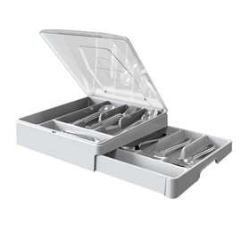 Double Layer Cutlery Tray with Lid, Utensil Holder for Countertop Cutlery Organiser for Kitchen Drawers with 2-Tier Cutlery Tray and 9 Compartments (White)