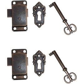 OMYZERO 2 Sets Skeleton Key Lock Decorative Antique Cabinet Lock with Key for Chest Cupboard Furniture Office Desk/Jewelry Box/Cabinet/Cupboard(Copper)