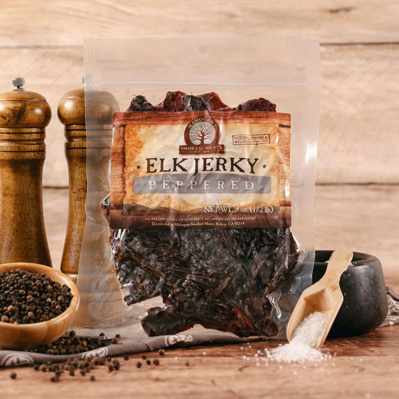 Mahogany Smoked Meats: Black Peppered Elk Jerky - 8oz