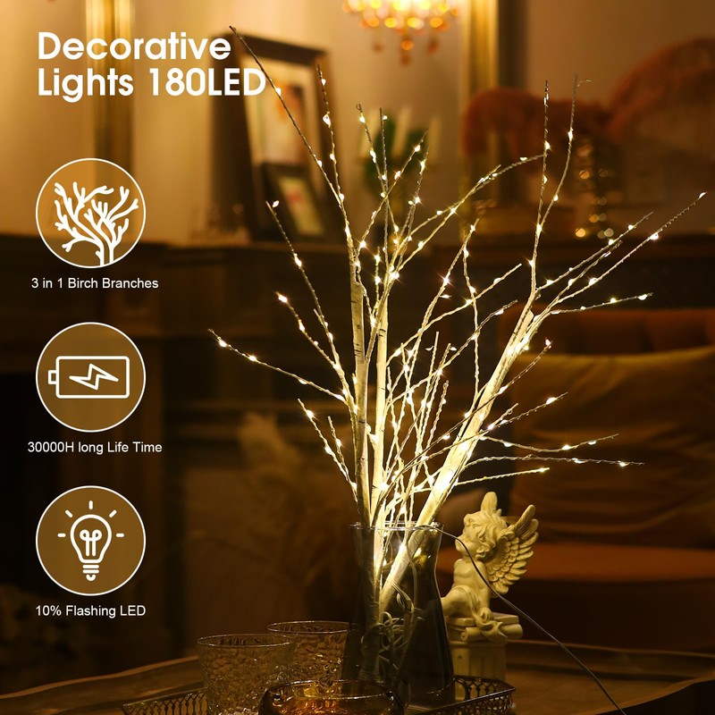 Rivokeer Lighted Birch Branches 34IN 180 LED with Timer, Artificial