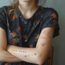 Esland Rainbow Doodles Temporary Tattoos Packgae 60 Pcs Vibrant Designs Hearts Dots Geometrics Words Quotes Fake Tattoos Stickers for Kids and Women