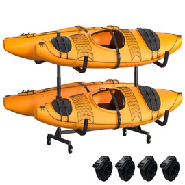 Kayak Storage Rack, Heavy Duty Steel Hanger for 2/4 Kayaks Stand, Canoe, SUP & Surfboard with Adjustable Width, Movable Wheels, Secure Straps, and Padded Arms for Indoor/Outdoor/Garage Storage