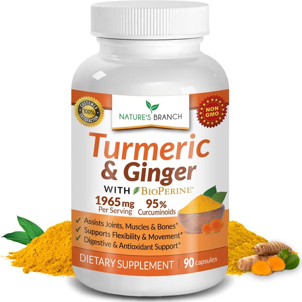 Extra Strength Turmeric Curcumin and Ginger & BioPerine - 1965mg Joint Support Supplement for Aches with Black Pepper Powder Extract - Premium Made in USA | Vegan Natural Non GMO Pills | 90 Capsules