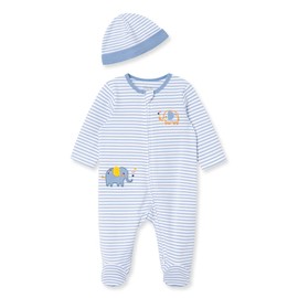 Little Me Baby Boy Clothes 2-Piece Baby Sleeper and Cap Set 100% Cotton Footies with Full 2-way Zipper and Scratch Free Tags Baby Essentials - Newborn, Striped Elephants