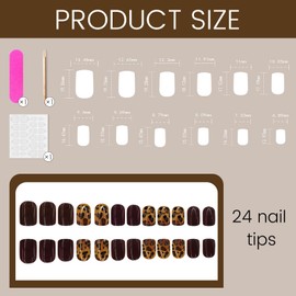 TESGADGETS 24 Pieces Artificial Nails with Leopard Pattern, Short, Square, Brown, Acrylic, Glossy, Reusable, for Holidays and Daily Wear, for Ladies