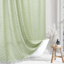 Siiluminisoy Extra Long Sage Green Boho Shower Curtain with White Tassel, Woven Fabric 84 in Shower Curtain, Tufted Chevron Striped, 72 x 84, Modern Chic Textured Minimalist Bathroom Shower