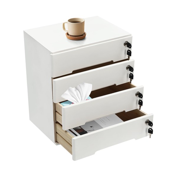 WOQLIBE Wood Desktop Organizer, Tabletop Storage Box w/ 4 Lockable