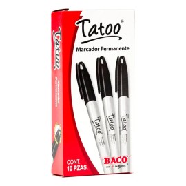 Marcadores Permanentes Baco Tatoo de Punta Fina en Color Negro, Pack de 10