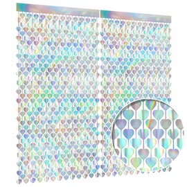2 Pack Iridescent Heart Foil Fringe Curtain,3.3x6.6 ft Reflective Tinsel Backdrop for Birthday, Baby Shower, Wedding, Bachelorette, and Holiday Party Décor