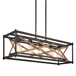 Kira Home Lexington 32" 5-Light Farmhouse Rectangular Kitchen Island Light/Pool Table Light + Lattice Wood Frame, 2 Wood Styles (White Ash/Warm Oak) + Textured Black Finish, ETL Listed