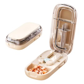 Portable Pill Cutter with Adjustable Slots – Multi Pill Splitter for Small & Large Tablets, Stainless Steel Blade, Clear Cut, Non-Slip Design, Easy to Use for Weekly Medication(Beige, 1/4)