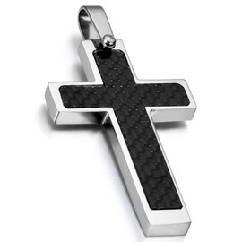 Cupimatch Stainless Steel Carbon Fiber Inlaid Cross Necklace Pendant with 21.3" Chain for Men Women Black Silver