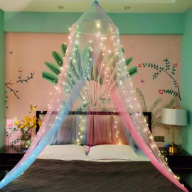 Eimilaly Two Tone Bed Canopy Mosquito Net Pink Blue with Warm Lights Bed Canopy for Girls Room Decoration Single Door