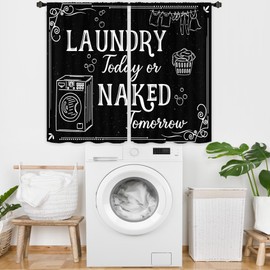 Miyotaa Black White Laundry Room Curtains 2 Panels 27.5W x 39H Rod Pocket Vintage Funny Farmhouse Rustic Polyester Decor Small Short Window Drapery Treatment