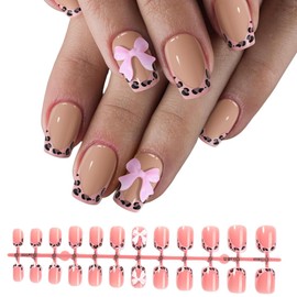 OUDQFCJ Press on Nails with Charms, Fake Nails, Cute Bow, Acrylic Nails, Heart Nails, Rhinestone Nails (12 Sizes) (Black and Pink), Pack of 24