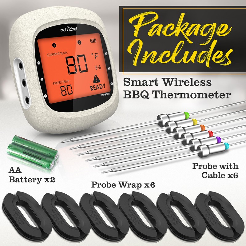 Nutrichef Bluetooth Meat Thermometer for Grilling and Smoking with 6