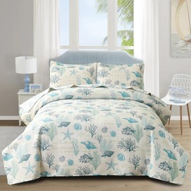 Junsey 3Pcs Ocean Theme Quilts Set Full/Queen Size Lightweight Coastal Bedding Beach Theme Bedspread Coverlet All Season Nautical Bed Sheet with 2 Pillowshams(Light Blue, Full/Queen)