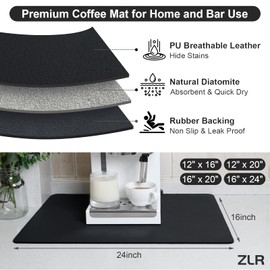 ZLR Coffee Mat - 16" x 24" Extra Absorbent Kitchen Drying Mat for Dishes - Easy to Clean Coffee Bar Mat for Countertop, Coffee Maker, Espresso Machine - Black