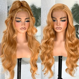 Honey Blonde 13x6 HD Body Wave Lace Frontal Wigs 26inch Pre-Plucked, Synthetic Lace Front Wig 200 Density, 27# Colored For Black Women