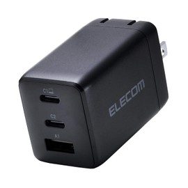 Elecom MPA-AC10367BK Charger, 67 W, 3 Ports, USB-C x 2, USB-A x 1, USB PD Compatible, Swing Plug, Black