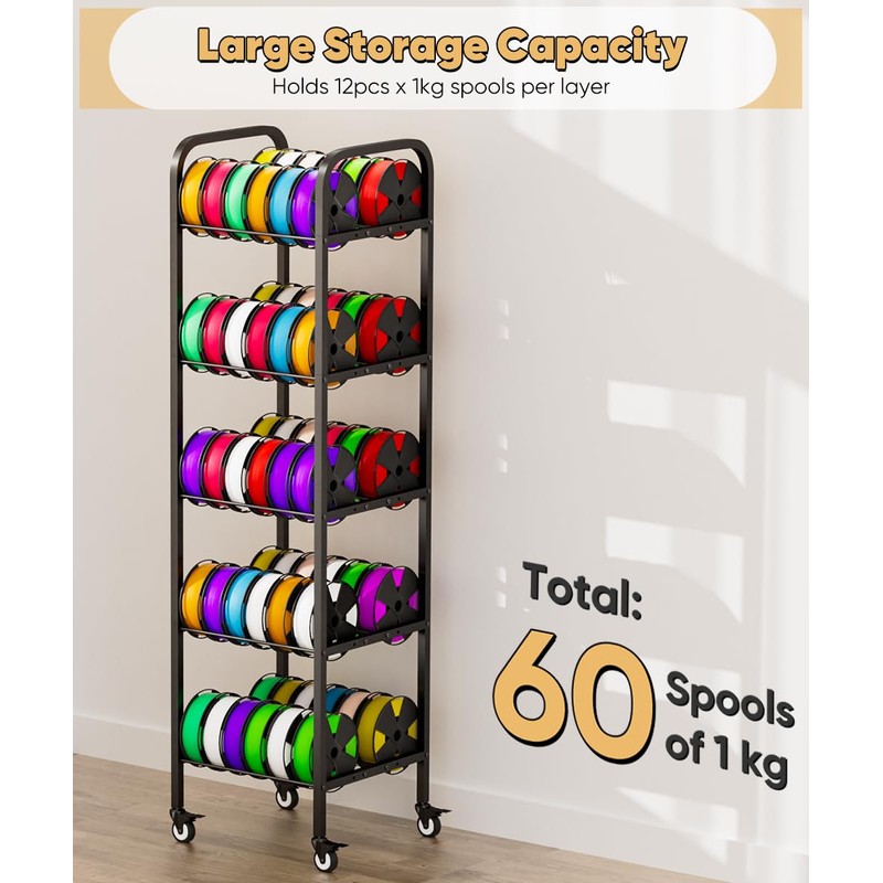 AnBaiMei 5-Tier 3D Printer Filament Storage Rack with Wheels, Rolling