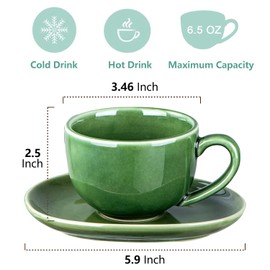 vicrays 6.5 oz Cappuccino Cups with Saucers, Set of 4, Ceramic Coffee Cup for Au Lait, Double shot, Latte, Cafe Mocha, Tea (Green)