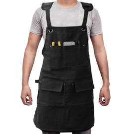 Foppla Heavy Duty Work Apron with 5 Tool Pockets - Waterproof Oxford Cloth - Adjustable Cross Strap - Men's & Women's Painting Apron (Black)
