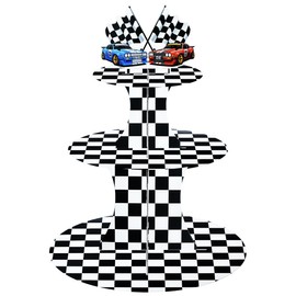 3-Tier Racing Theme Cupcake Stand - 18 Inches Tall, Checkered Flag Design Dessert Stand Holder Display with Sports Car Topper for Race Car Party, Birthday, and Racing Theme Decorations