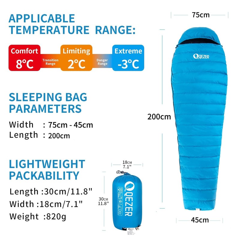 QEZER Down Sleeping Bag, Only 820 g, Lightweight Sleeping Bag,