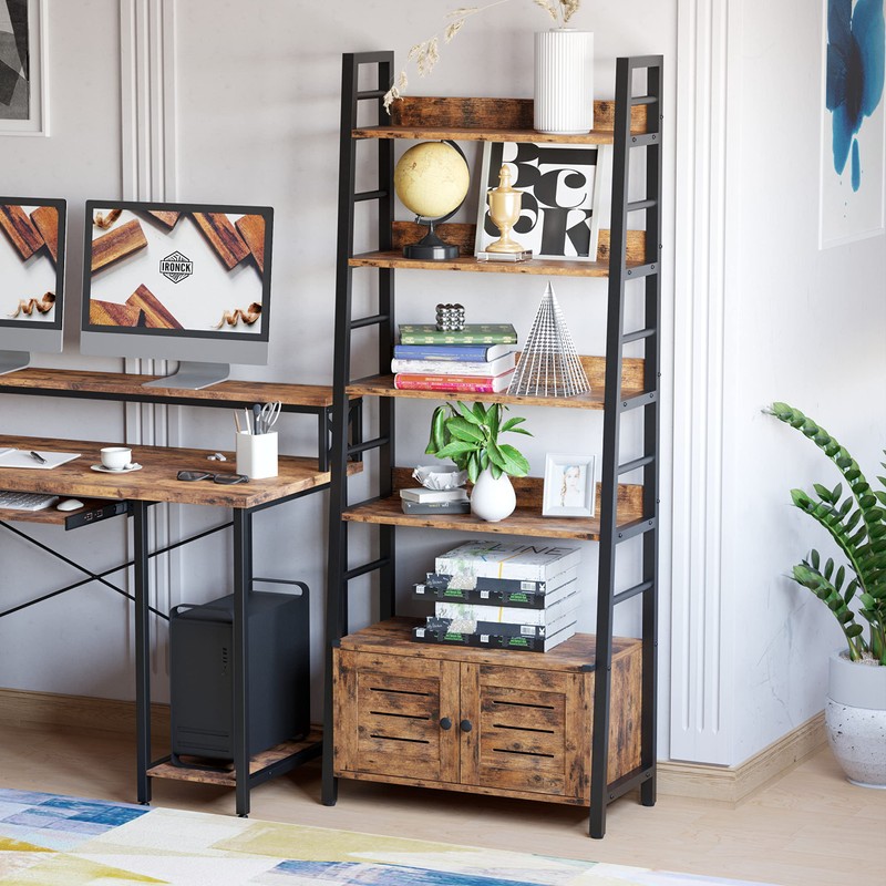 IRONCK Bookshelf with Louvered Doors, 4-Tier Ladder Shelf with Cabinet