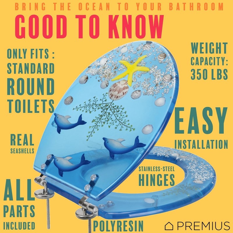 Polyresin Ocean Life Dolphins Toilet Seat By PREMIUS, Standard Round,