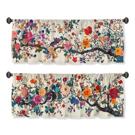 Wssklovj Floral Valance Curtain for Windows 2 Pack Colorful Flowers Retro Oriental Painting Rod Pocket Window Treatments Short Curtains for Kitchen Windows Bathroom Bedroom 54x18 Inch