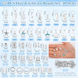 255 PCS Silver Hair Jewelry for Braids, 38 Styles Loc Jewelry Charms for Women Men, Metal Hair Cuffs Rings Clips for Dreadlock Accessories