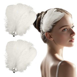 2Pcs White Feather Hair Clips - Ballet Style Artificial Swan & Ostrich Feather with Faux Pearl - Wedding Engagement Birthday Party Stage Accessories for Women
