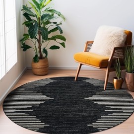 Rugshop Bohemian Stripe Stain Resistant High Traffic Living Room Kitchen Bedroom Dining Home Office Round Area Rug 6' Round Black